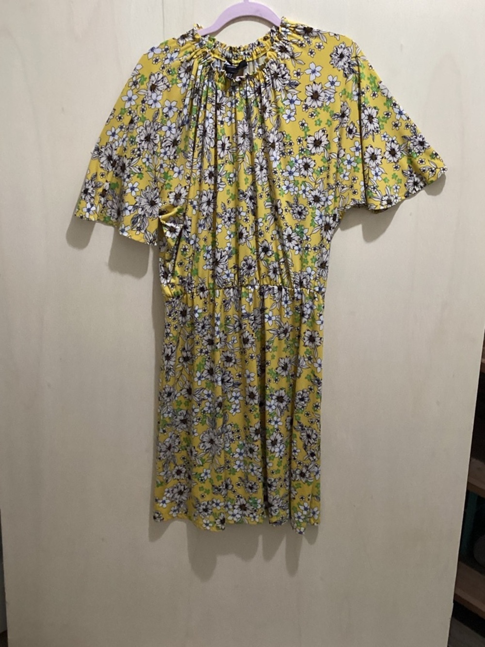 Maggy London Yellow Floral Smocked Mock Neck Midi Dress Sz 14 - Picture 4 of 11